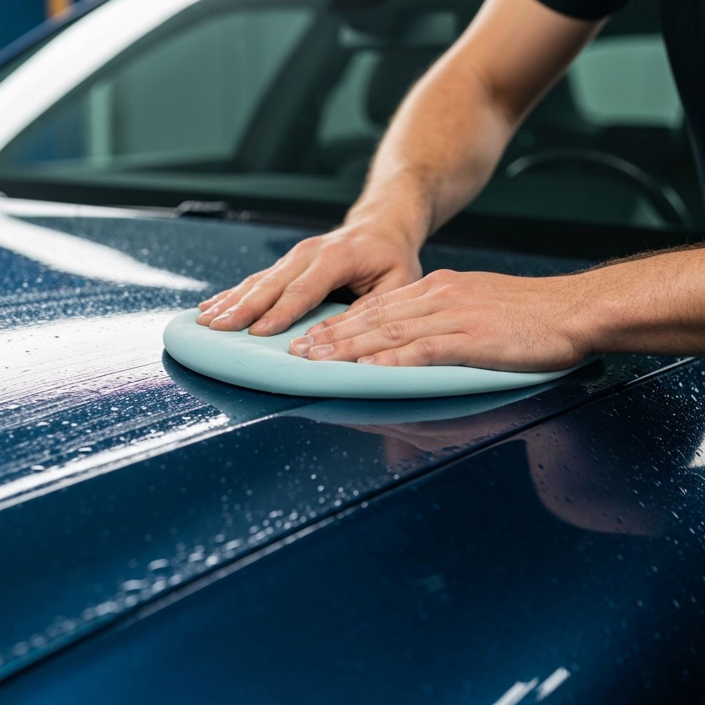 Clay bar being used on car paint surface to remove bonded contaminants
