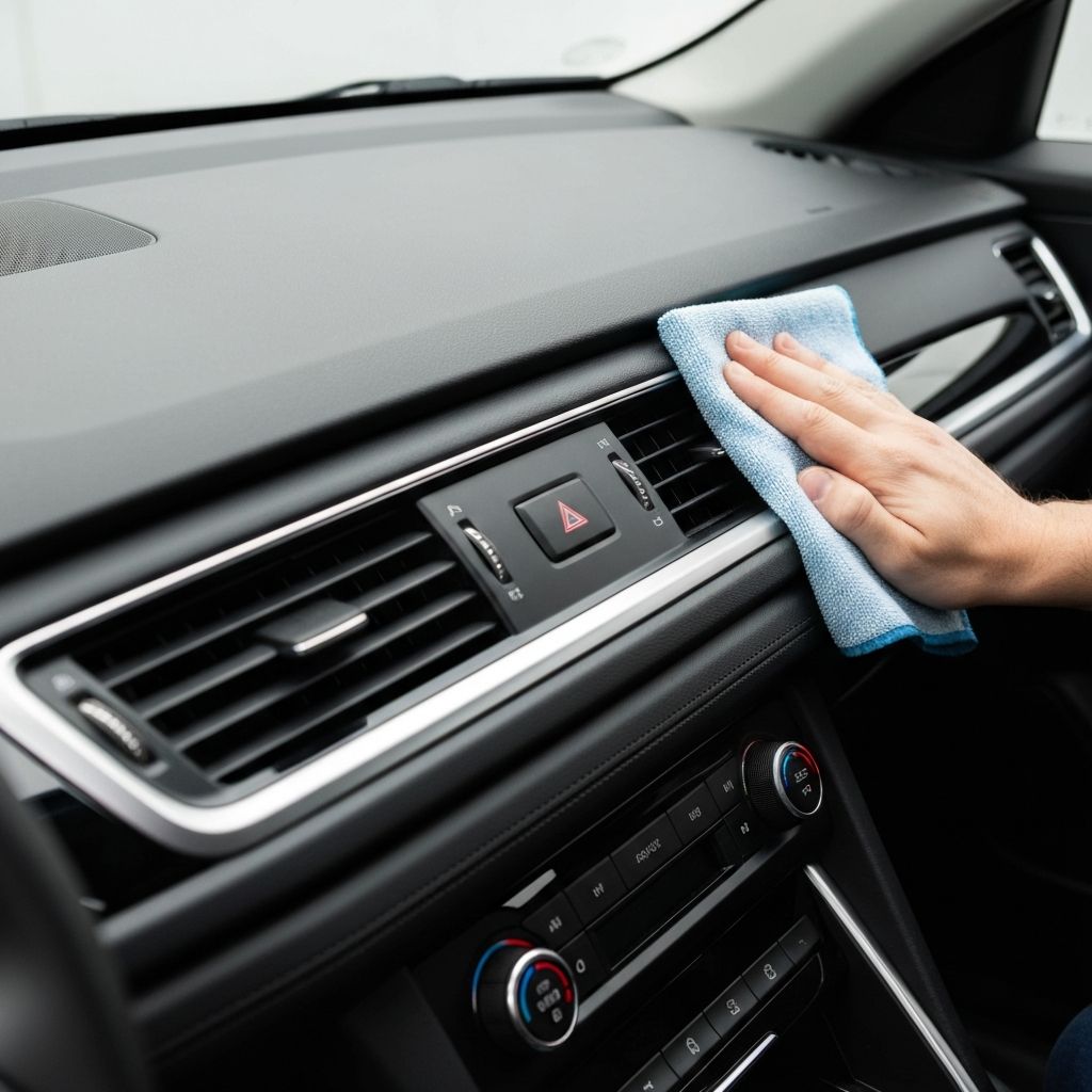 Car dashboard being detailed with UV protectant showing clean modern interior