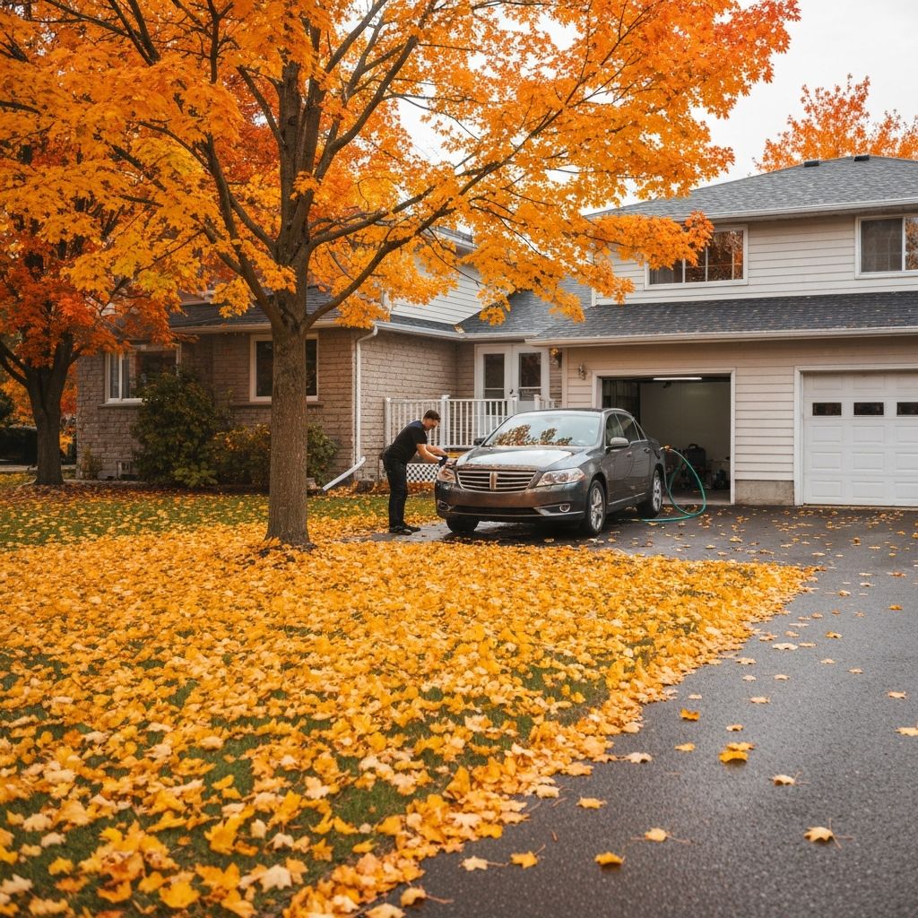 Car being detailed in autumn setting with golden fall leaves on ground