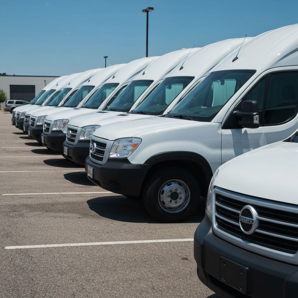 Row of clean white commercial fleet vans after professional detailing service
