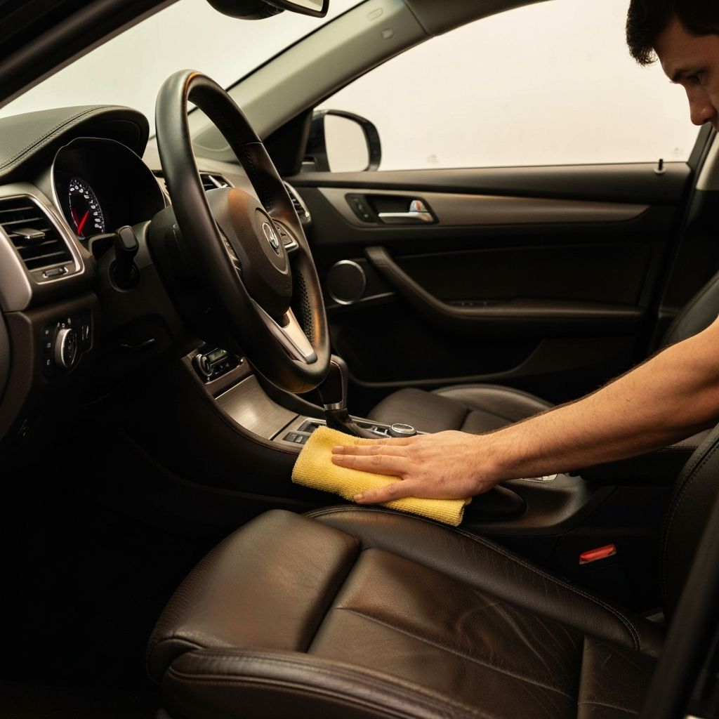 Clean leather car seats being conditioned with professional leather care products