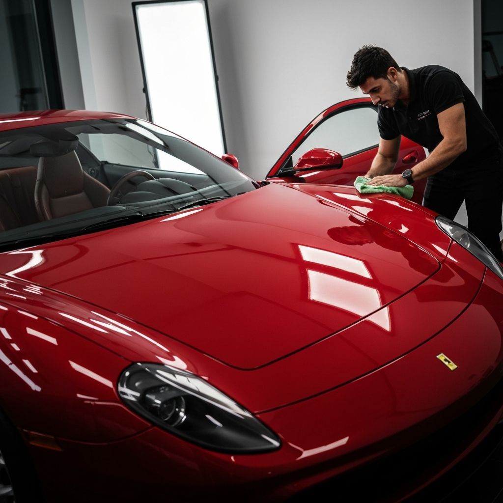 Luxury sports car being detailed with professional equipment showing deep glossy paint