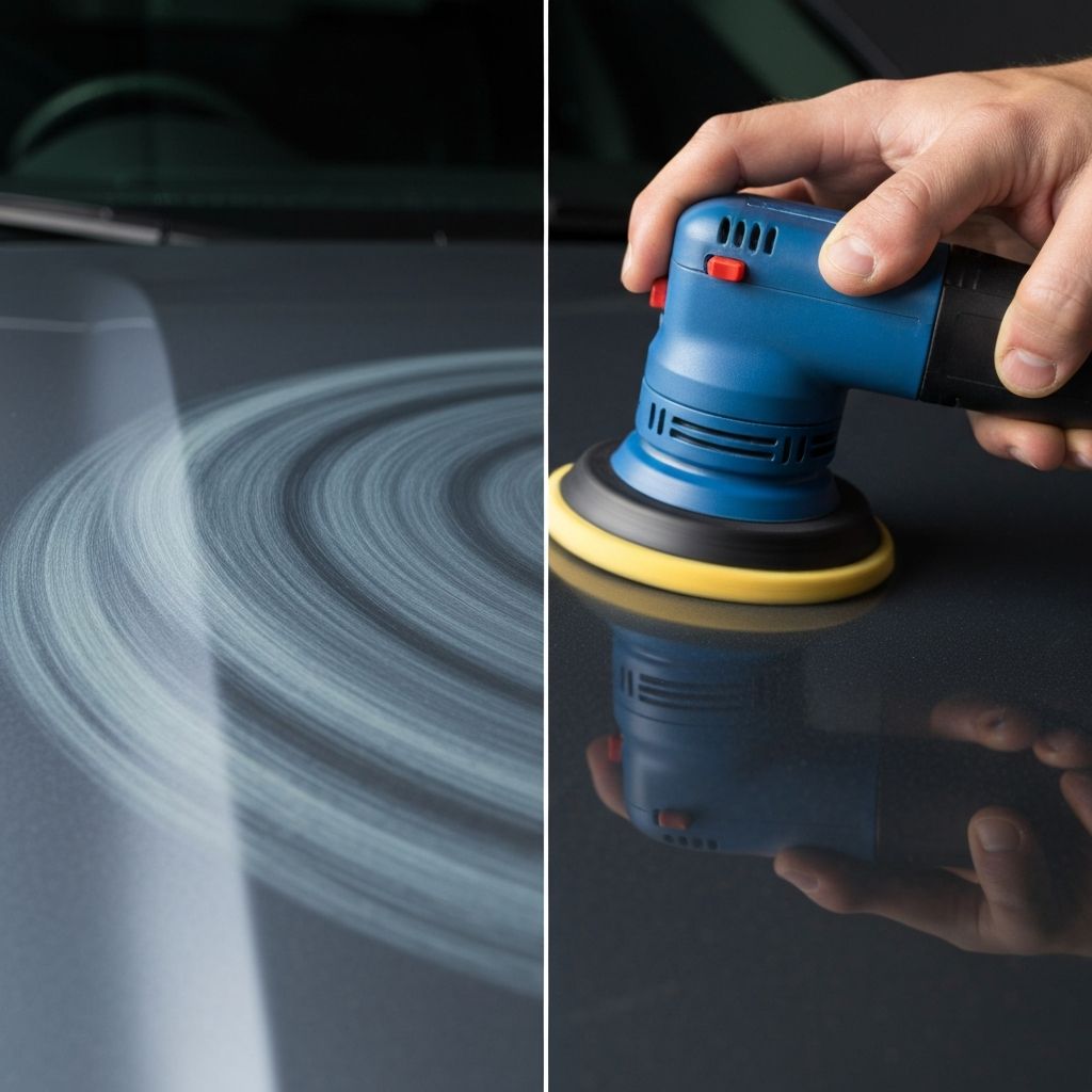 Professional paint correction with orbital polisher removing swirl marks from car hood