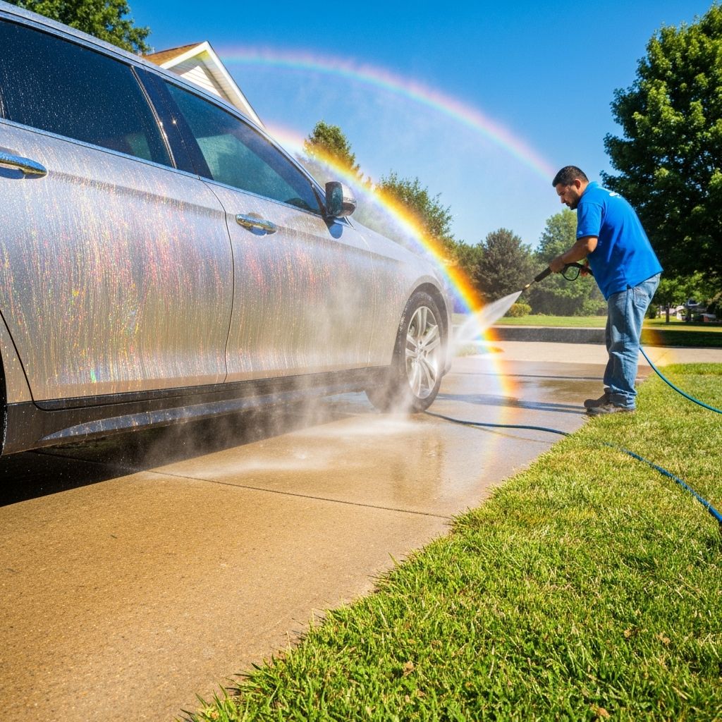 Car paint being cleaned in summer heat to prevent bird dropping damage