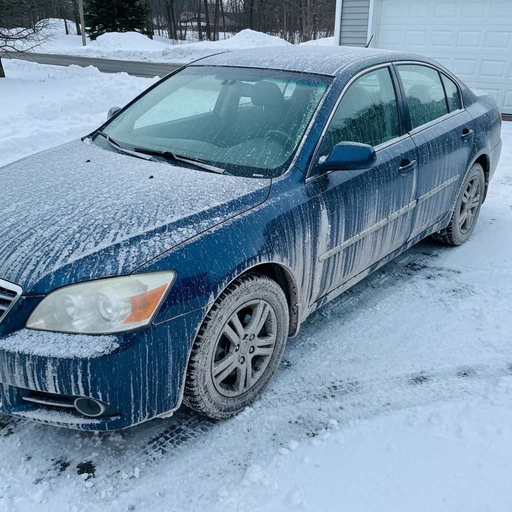 Car covered in road salt residue after Ontario winter showing salt damage on paint and wheel wells